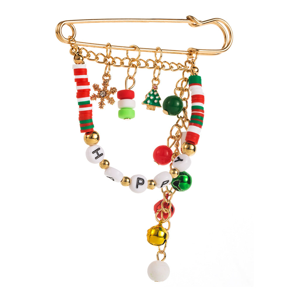 'HAPPY' Letter Christmas Fun Brooch | Alloy Bead & Jingle Bell Holiday Pin Jewelry eprolo