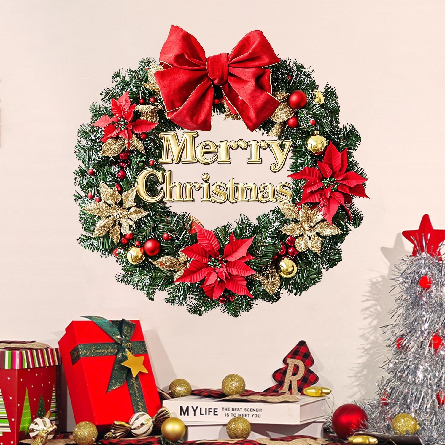 Premium Gold & Red Flower Wreath Wall Sticker | Elegant Festive Bow Decal for Christmas & New Year's Decor eprolo