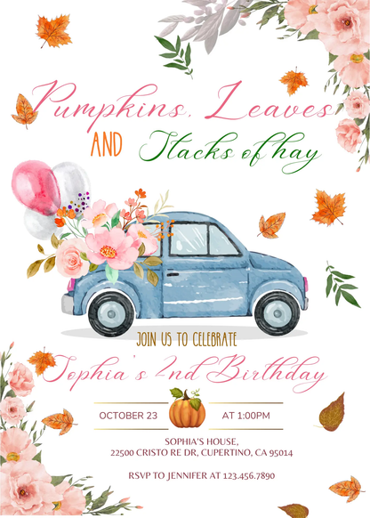 Fall Pumpkin Truck Birthday Party Invitation Template - CreativeRino