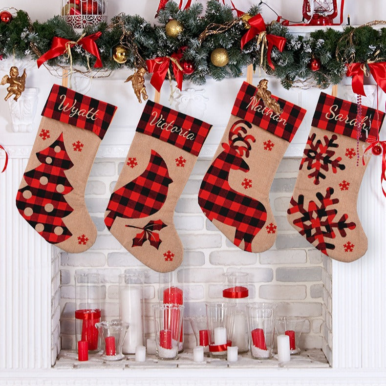 Rustic Buffalo Plaid Christmas Stocking | Red & Black Checkered Imitation Linen Embroidered Gift Bag eprolo