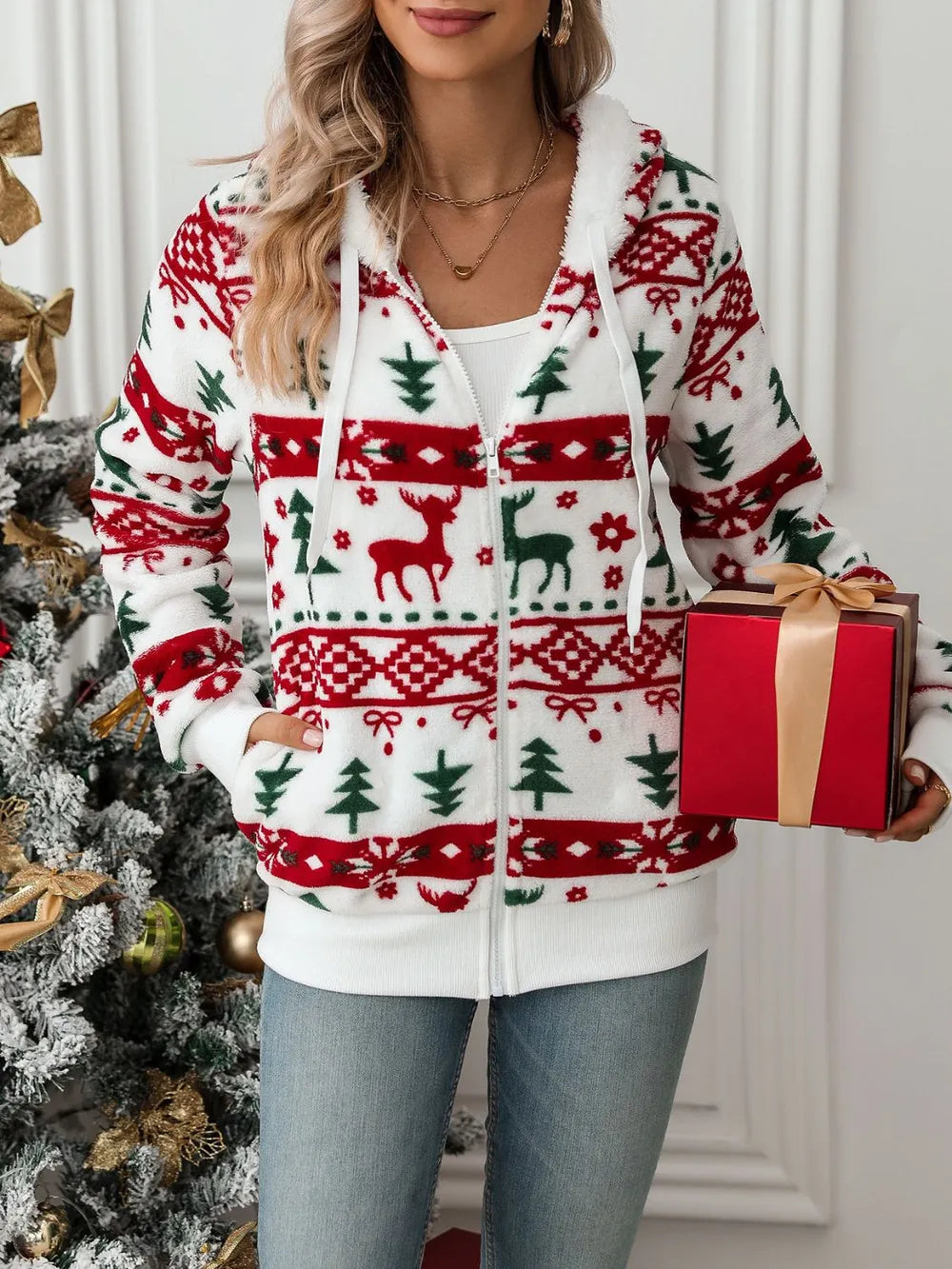 Festive Christmas Tree & Deer Zip-Up Hoodie | Drawstring Hooded Jacket eprolo