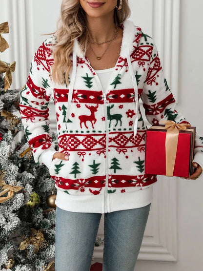 Festive Christmas Tree & Deer Zip-Up Hoodie | Drawstring Hooded Jacket eprolo
