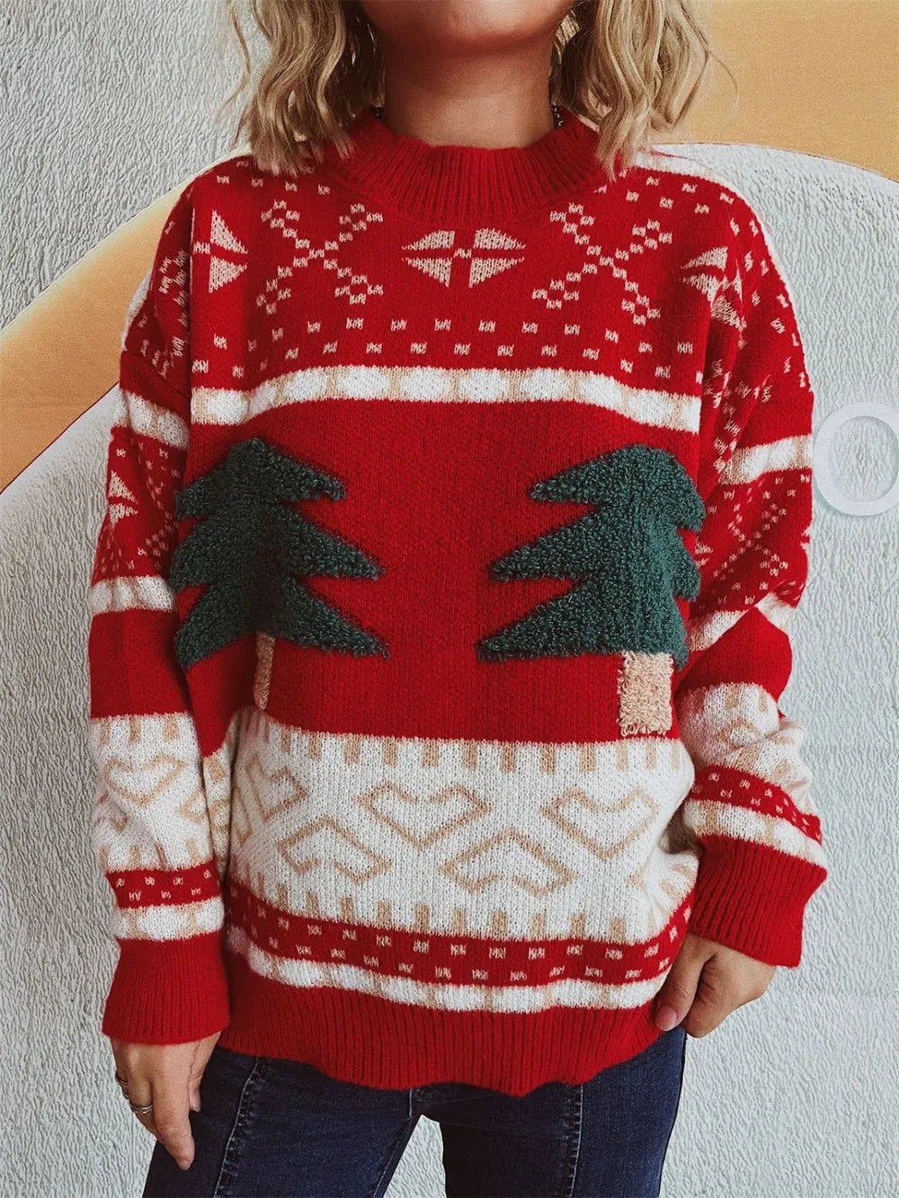 Fun Cartoon Christmas Tree Jacquard Sweater | Knitted Holiday & New Year Pullover eprolo