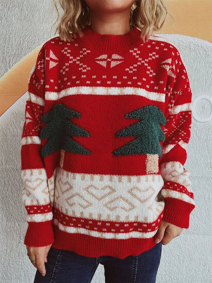 Fun Cartoon Christmas Tree Jacquard Sweater | Knitted Holiday & New Year Pullover eprolo