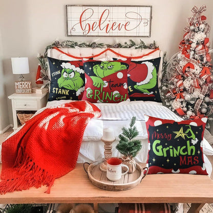 'Merry Grinchmas' Greentown Christmas Pillow Cover | Festive Grinch Sofa Cushion Case & Holiday Home Decor eprolo