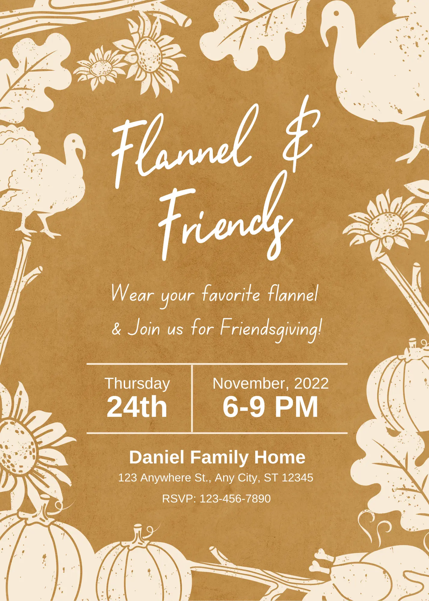 Flannel and Friends Friendsgiving Invitation Template | Flannel Thanksgiving Invite - CreativeRino
