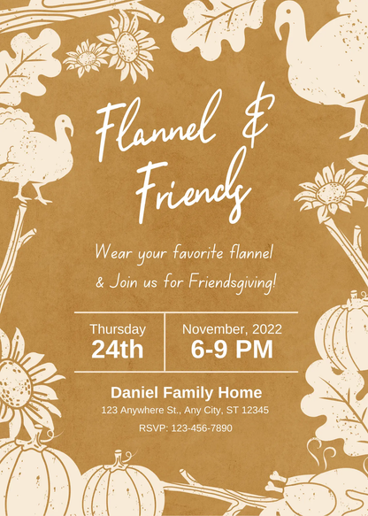 Flannel and Friends Friendsgiving Invitation Template | Flannel Thanksgiving Invite - CreativeRino