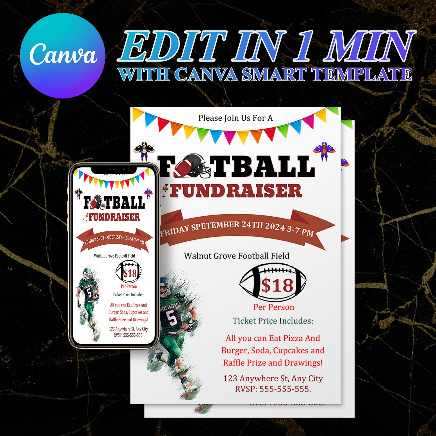 Football Fundraiser Flyer | Football Team fundraiser Invite Canva Template CreativeRino