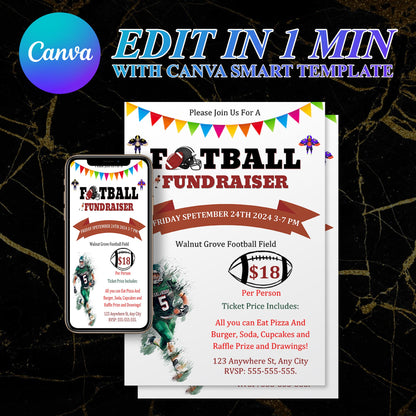 Football Fundraiser Flyer | Football Team fundraiser Invite Canva Template CreativeRino