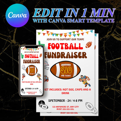 Football Fundraiser Flyer | Football Team fundraiser Invitation Canva Template CreativeRino