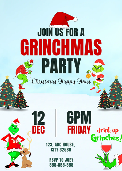 Grinchmas Christmas Party Invitation Template | Grinch Invite - CreativeRino