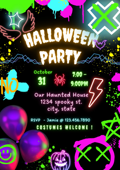 Neon Spooky Halloween Party Invitation Template - CreativeRino