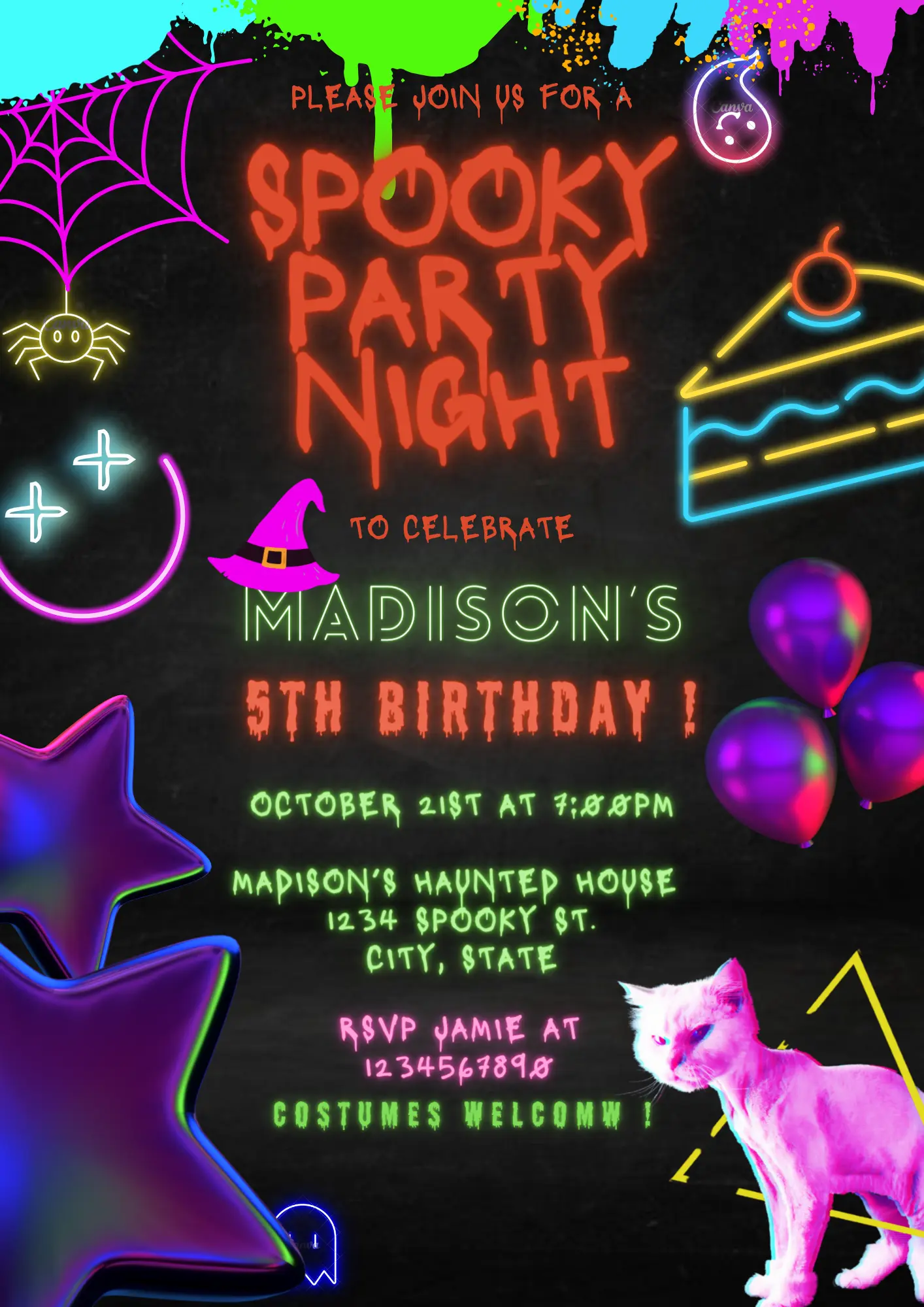 Neon Spooky Halloween Birthday Party Invitation Template - CreativeRino