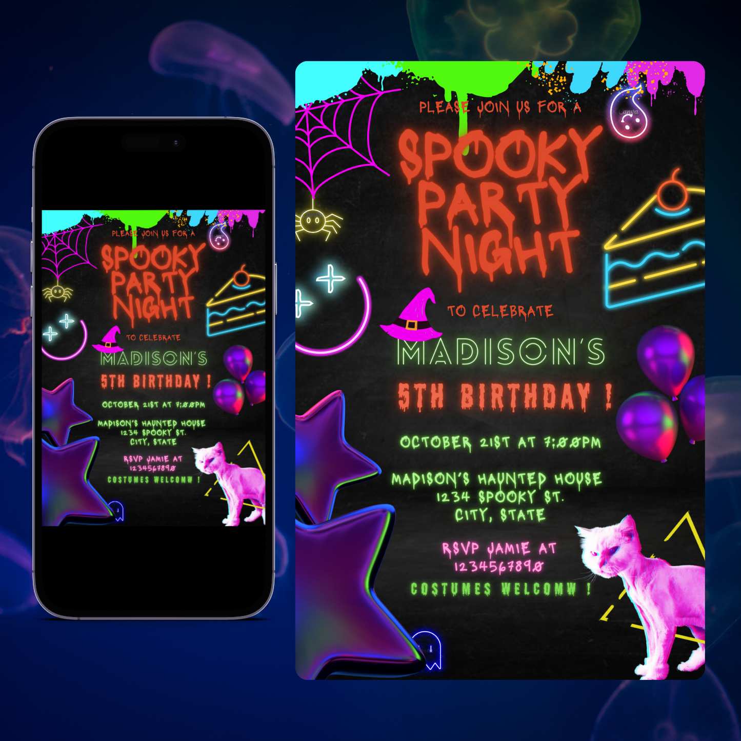 Neon Spooky Halloween Birthday Party Invitation Template