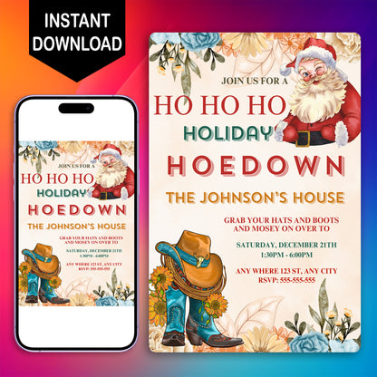 Christmas Hoedown Invitation Template | Cowboy Santa Christmas Party Invite - CreativeRino