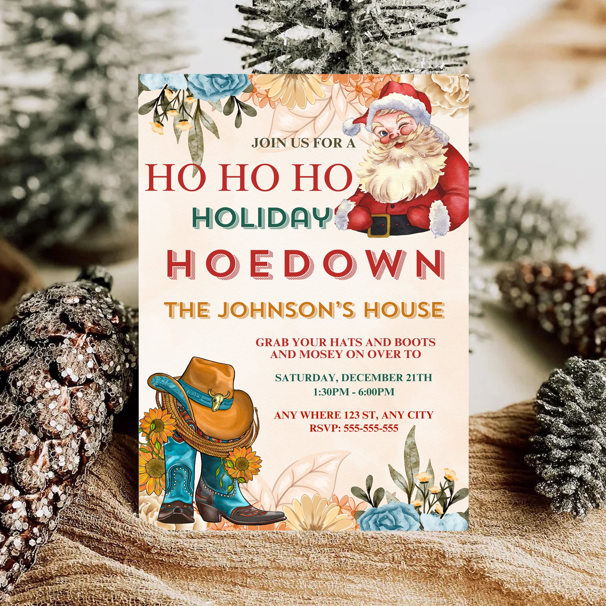 Christmas Hoedown Invitation Template | Cowboy Santa Christmas Party Invite - CreativeRino