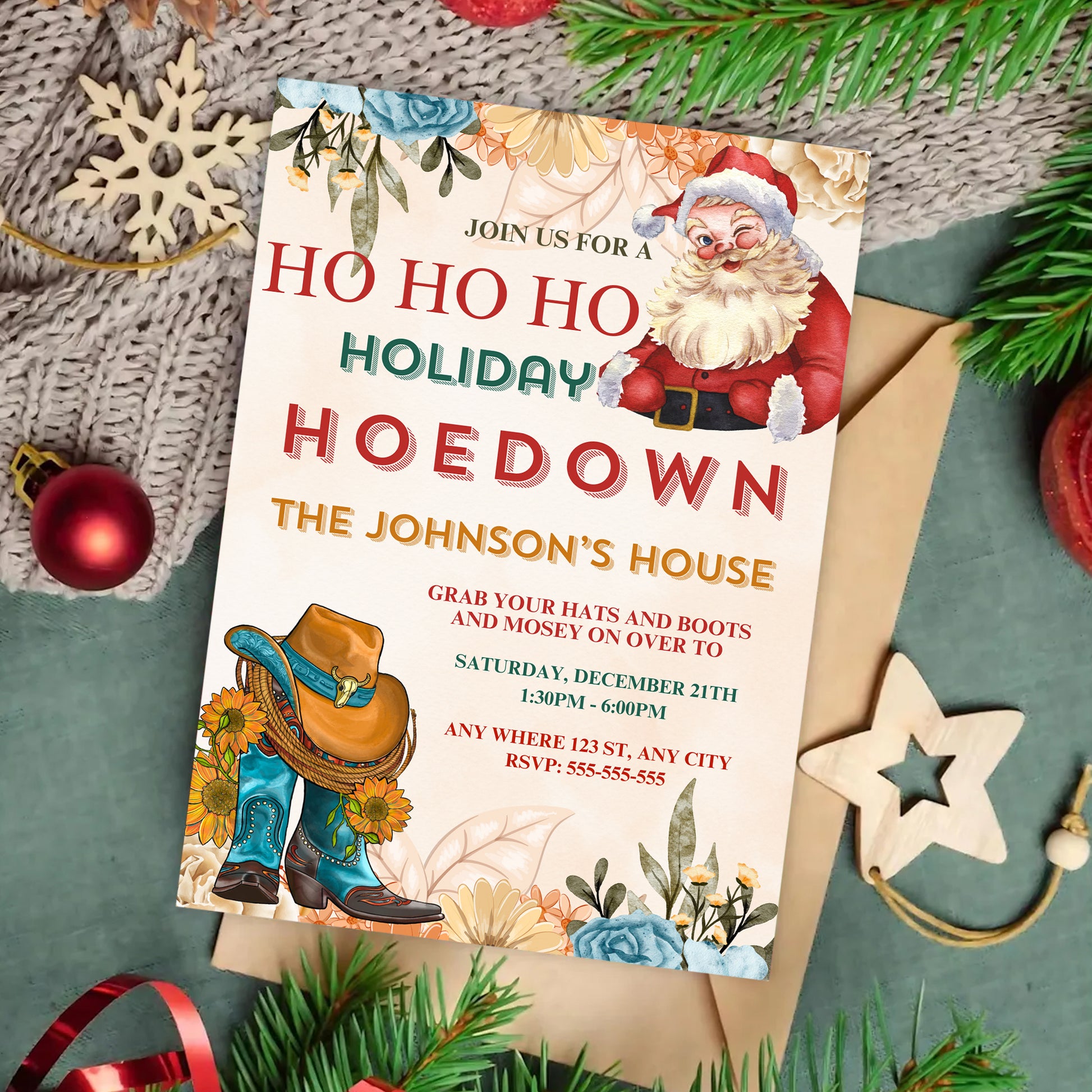 Christmas Hoedown Invitation Template | Cowboy Santa Christmas Party Invite - CreativeRino
