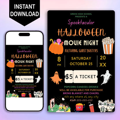 Spooktacular Halloween Movie Night Fundraiser Invitation Template - CreativeRino