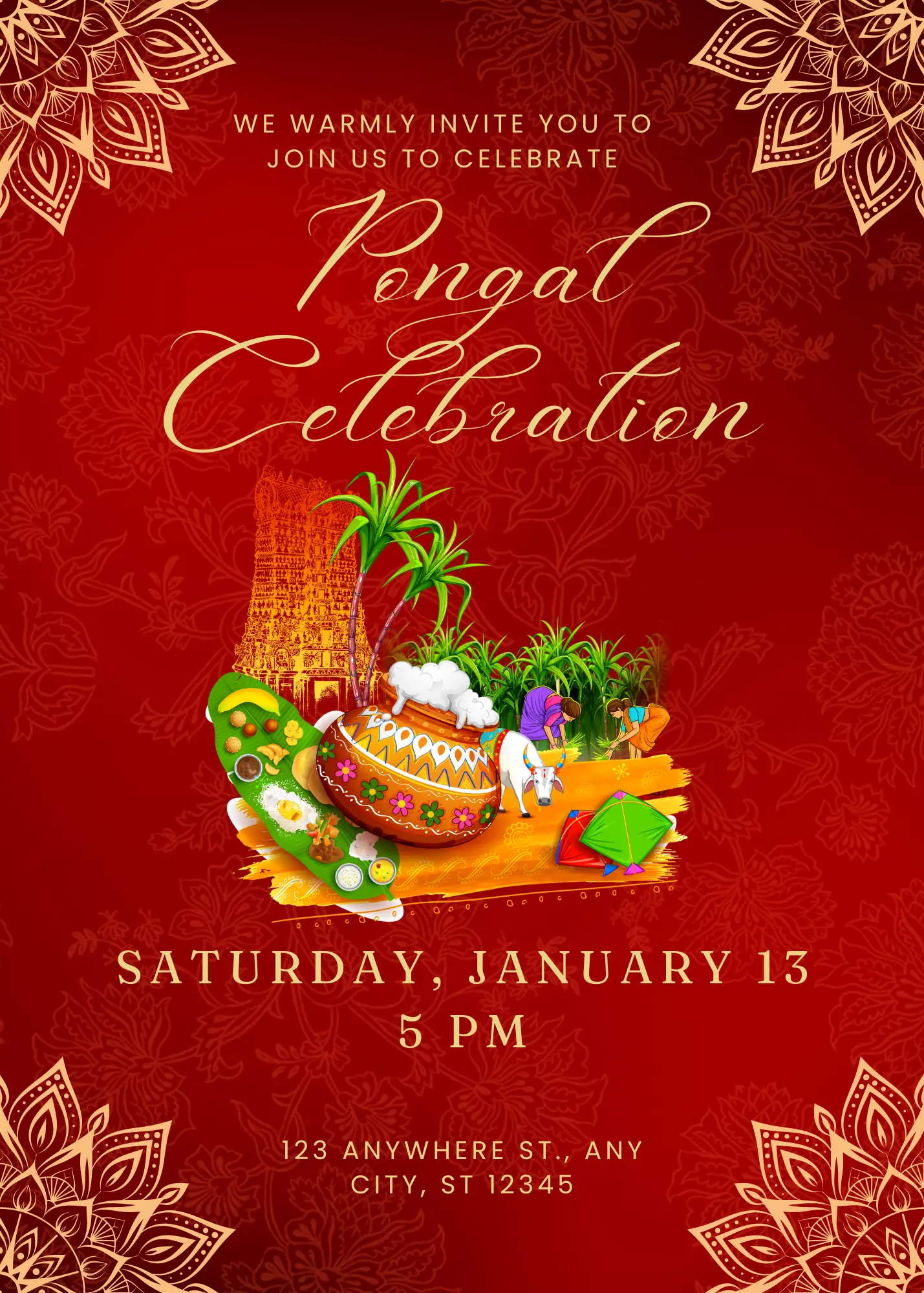 Pongal Invitation Template | Pongal Celebration Invite - CreativeRino
