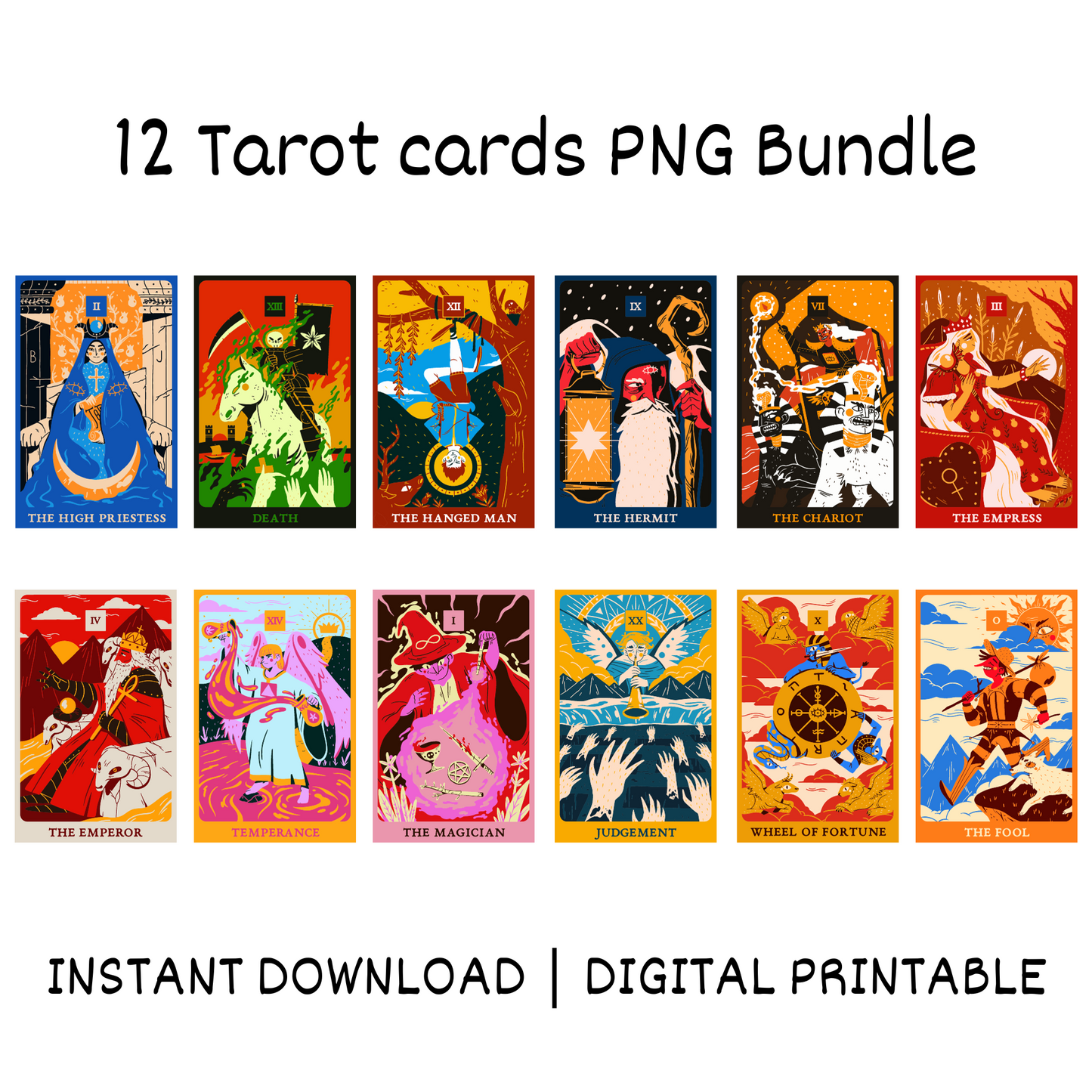 12 Characters Tarot Cards PNG Template Bundle