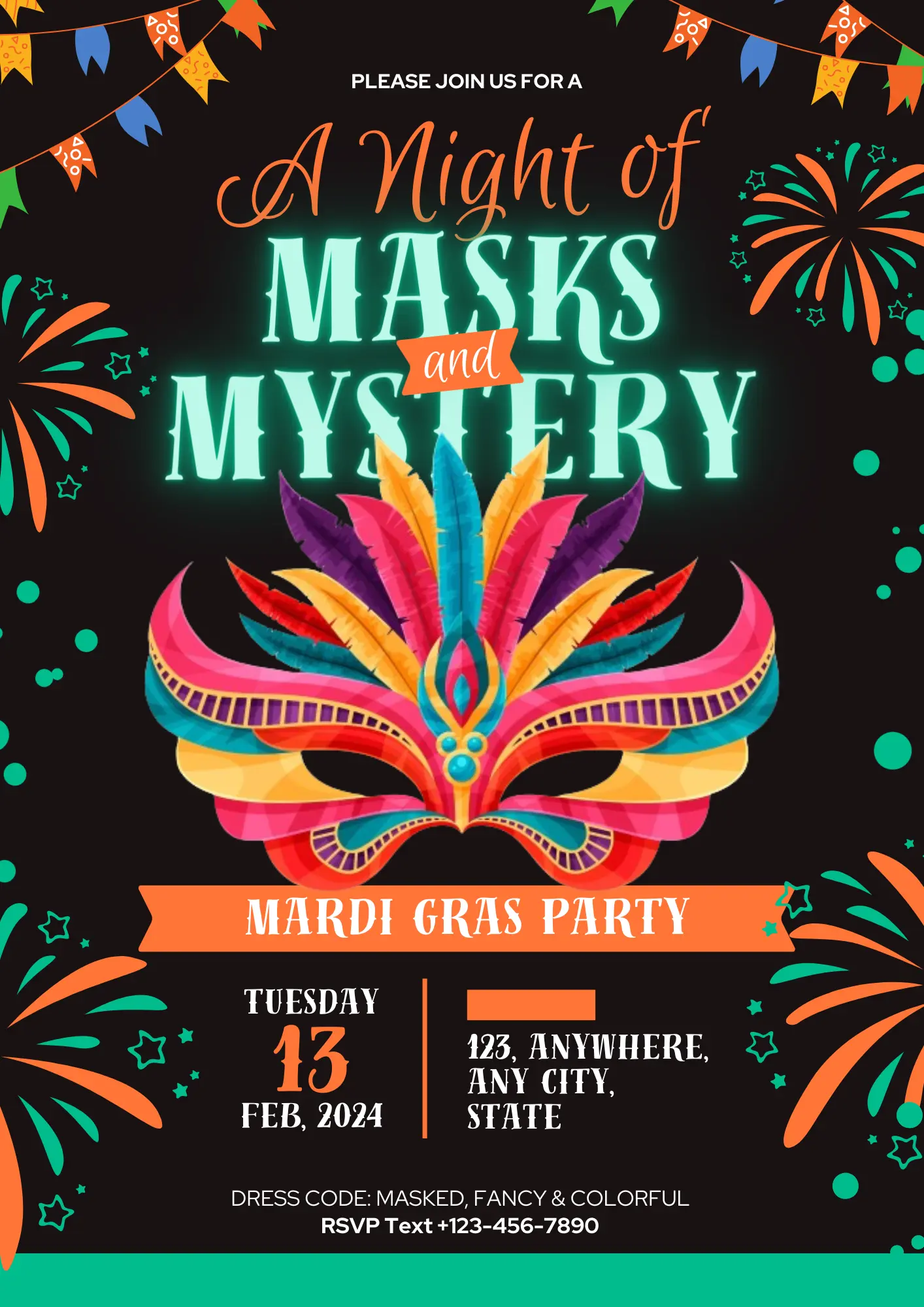 Mardi Gras Mask Party Invitation Template - CreativeRino