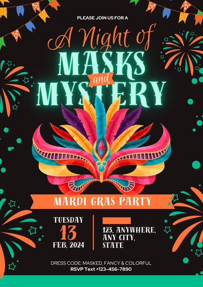 Mardi Gras Mask Party Invitation Template - CreativeRino