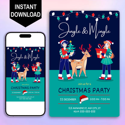 Jingle & Mingle Christmas Party Invitation Template | Reindeer Christmas Party Invite - CreativeRino