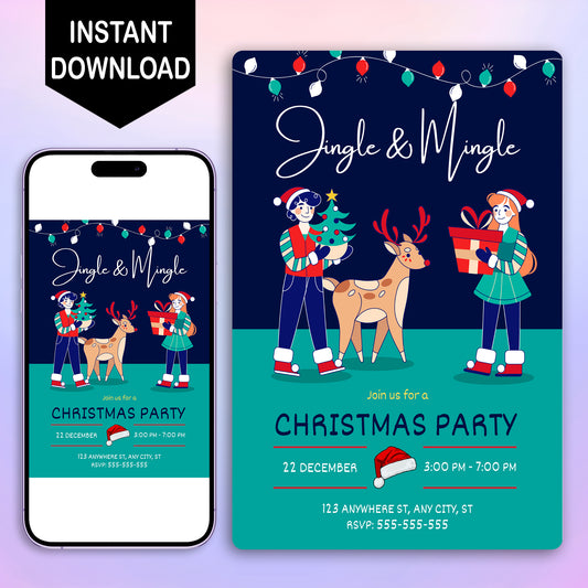 Jingle & Mingle Christmas Party Invitation Template | Reindeer Christmas Party Invite