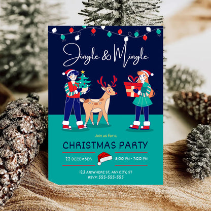 Jingle & Mingle Christmas Party Invitation Template | Reindeer Christmas Party Invite - CreativeRino