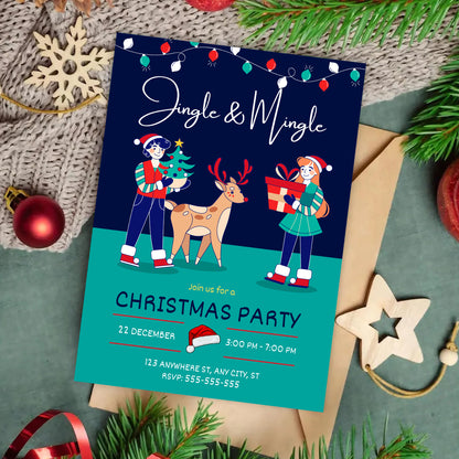 Jingle & Mingle Christmas Party Invitation Template | Reindeer Christmas Party Invite - CreativeRino