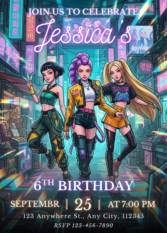 Kpop Demon Hunters Birthday Party Invitation – Custom Editable CreativeRino