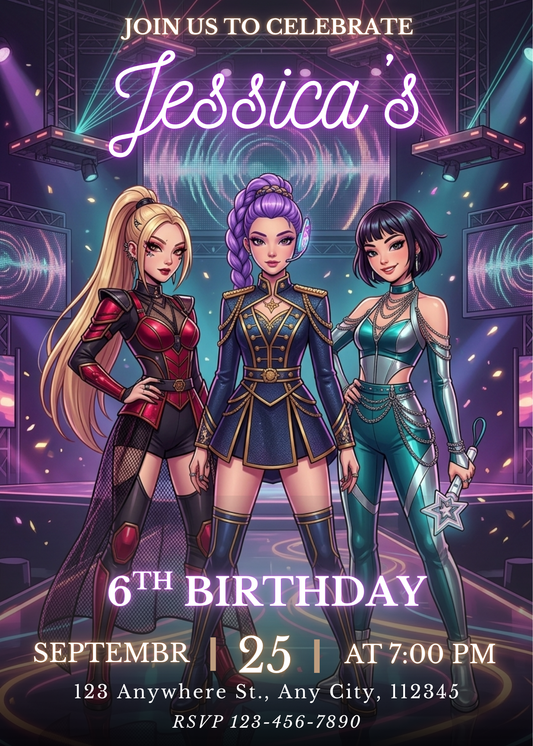 Demon Hunters Kpop Theme Invite – Birthday Party Digital Card CreativeRino