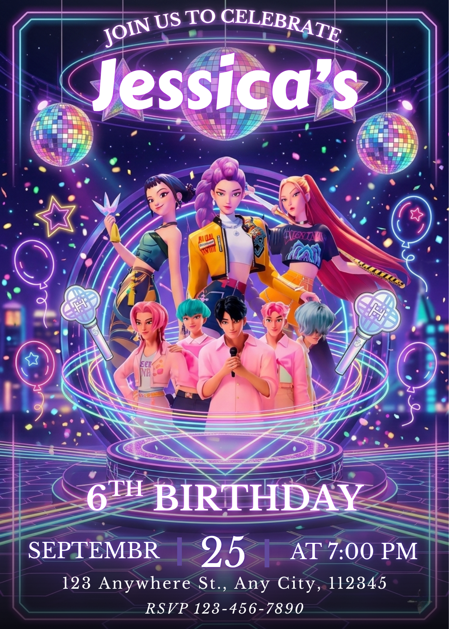 Kpop Demon Hunters Party Invite – Personalized Birthday Card Template CreativeRino