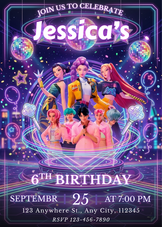 Kpop Demon Hunters Party Invite – Personalized Birthday Card Template CreativeRino