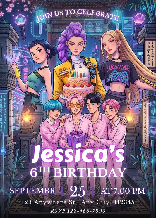 Kpop Demon Hunters Birthday Invitation – Chic Editable Party Template CreativeRino