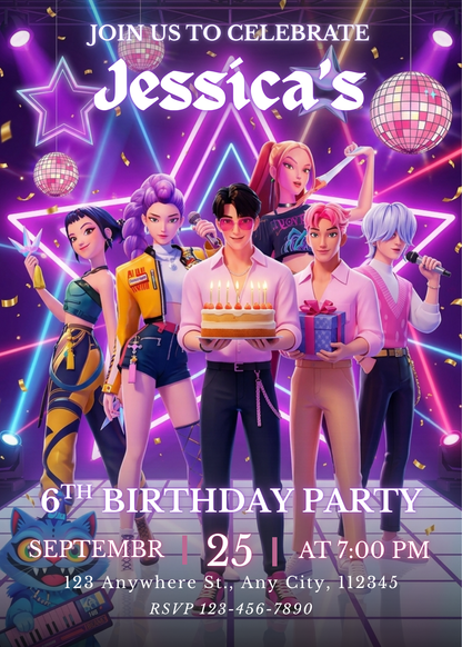 Digital Kpop Demon Hunters Birthday Invitation Instant Download Editable Printable Card CreativeRino