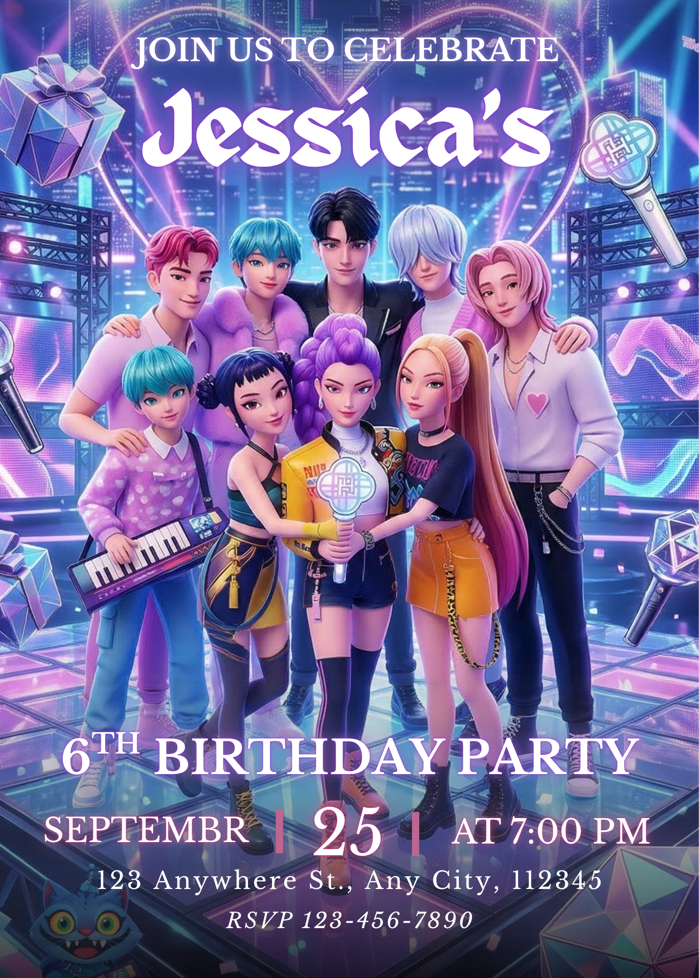 Kpop Demon Hunters Birthday Invitation Template Digital Printable Custom Party Invite CreativeRino