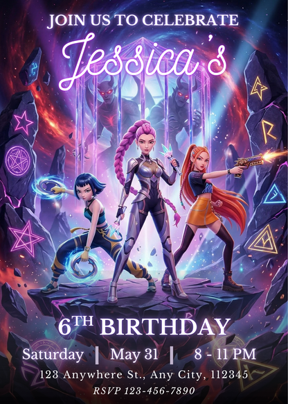Demon Hunters Kpop Theme Birthday Invite – Instant Printable CreativeRino