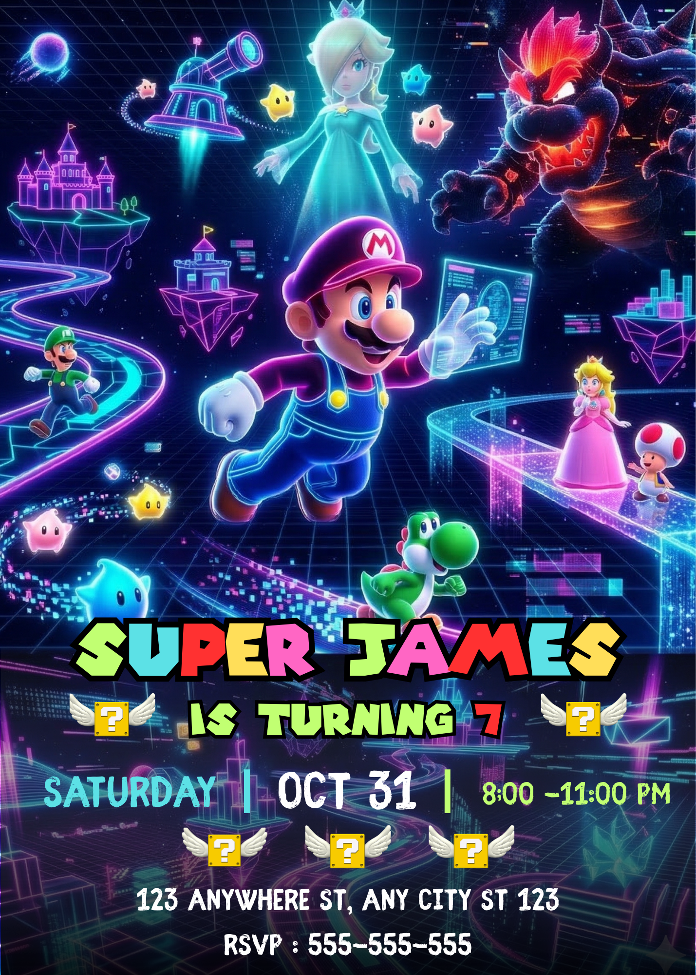 Mario Galaxy Birthday Invitation, Editable Gamer Theme Outer Space Party Digital Canva Template CreativeRino