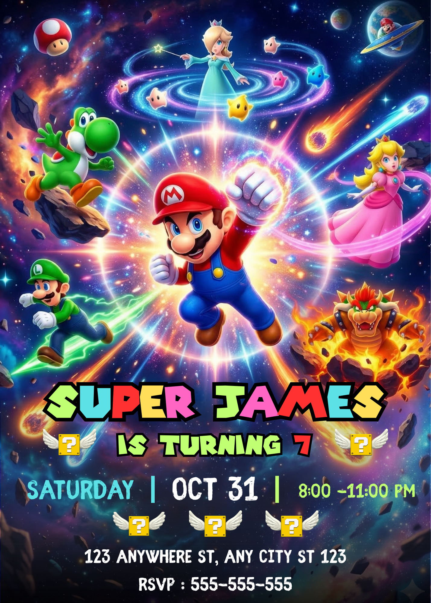 Mario Galaxy Birthday Invitation, Editable Outer Space Party Invite Canva Template CreativeRino