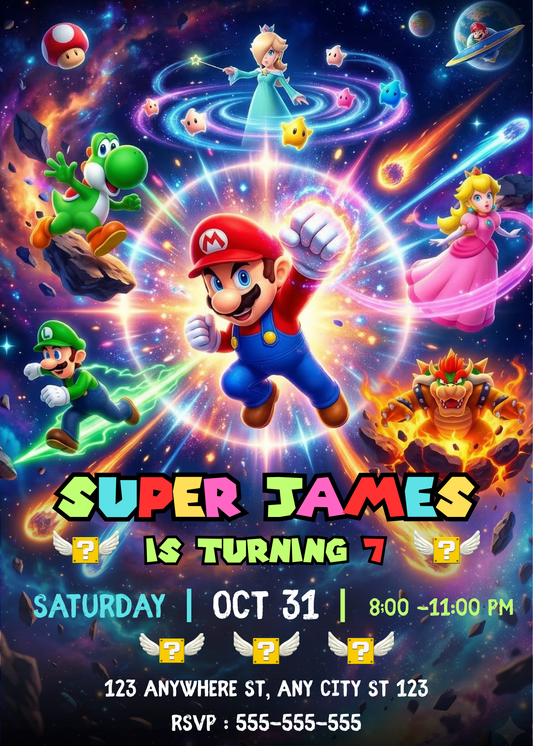 Mario Galaxy Birthday Invitation, Editable Outer Space Party Invite Canva Template CreativeRino