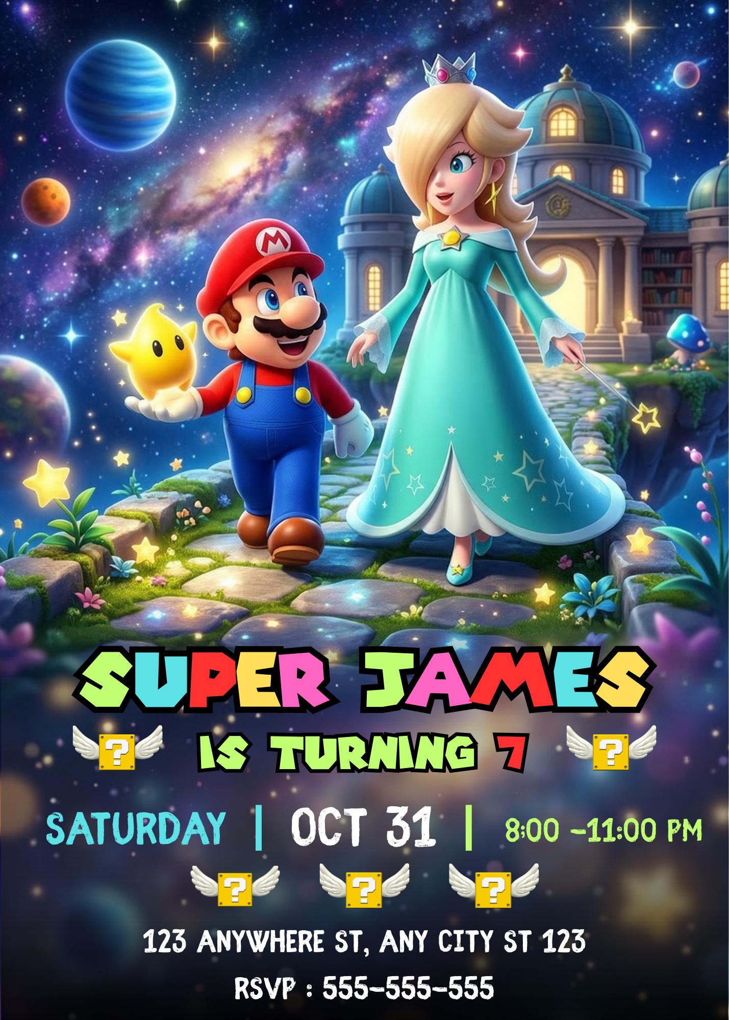 Mario and Princess Rosalina Birthday Invitation, Super Mario Galaxy Birthday Invitation, Editable Outer Space Party Invite Canva Template CreativeRino