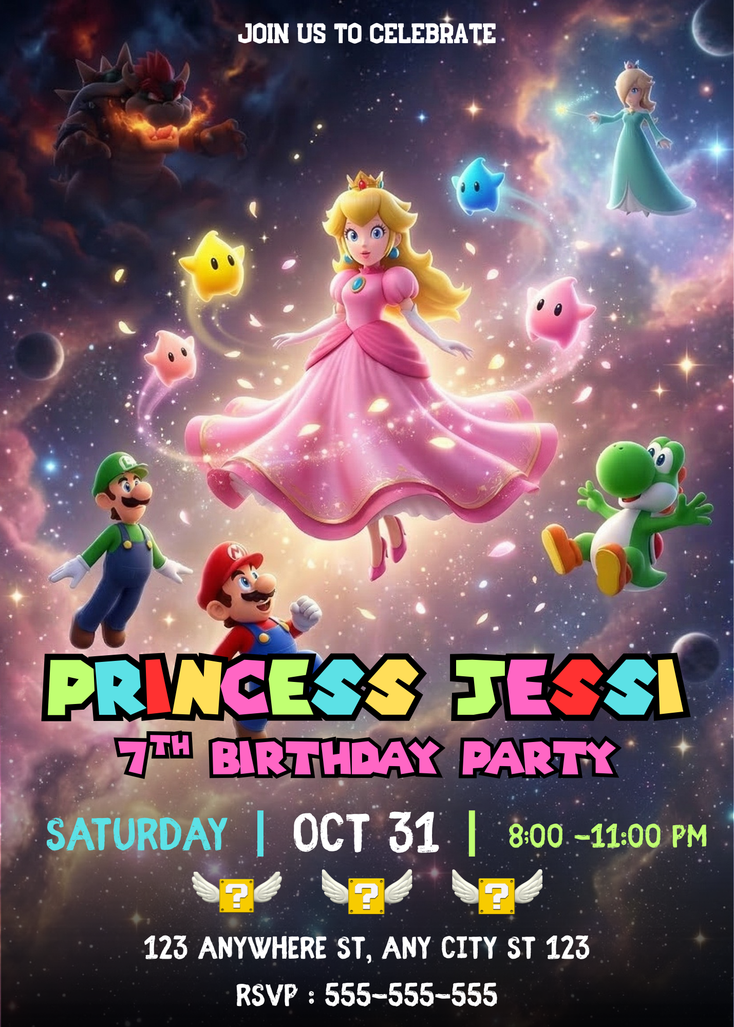 Princess Peach Birthday Invitation, Mario Galaxy Birthday Invite, Editable Outer Space Party Canva Template CreativeRino