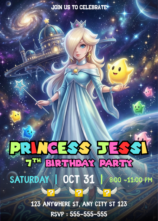 Princess Rosalina Birthday Invitation, Super Mario Galaxy Birthday Invitation, Editable Outer Space Party Invite Canva Template CreativeRino