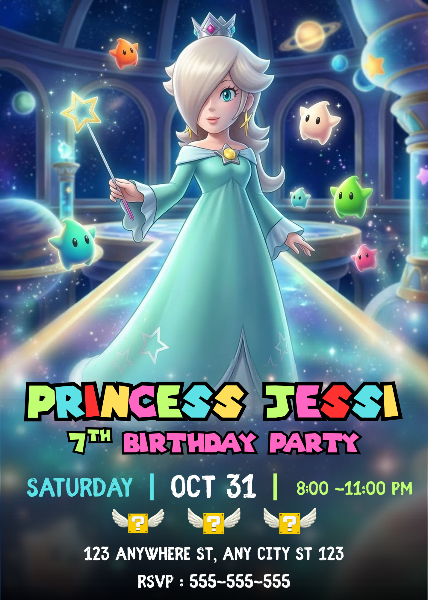 Princess Rosalina Birthday Invitation, Mario Galaxy Birthday Invitation, Editable Outer Space Party Invite Canva Template CreativeRino