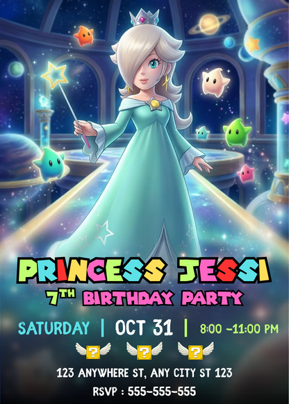 Princess Rosalina Birthday Invitation, Mario Galaxy Birthday Invitation, Editable Outer Space Party Invite Canva Template CreativeRino
