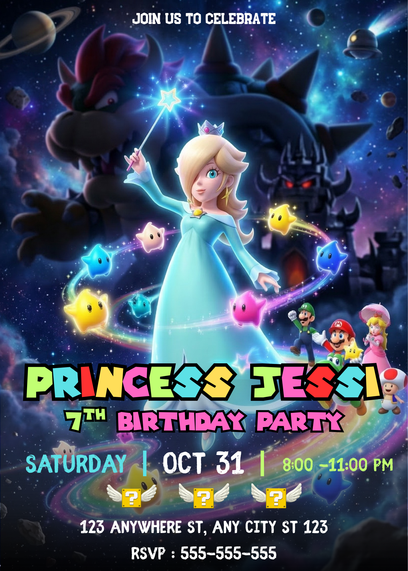 Editable Princess Rosalina Birthday Invitation, Mario Galaxy Birthday Invitation, Canva Template CreativeRino