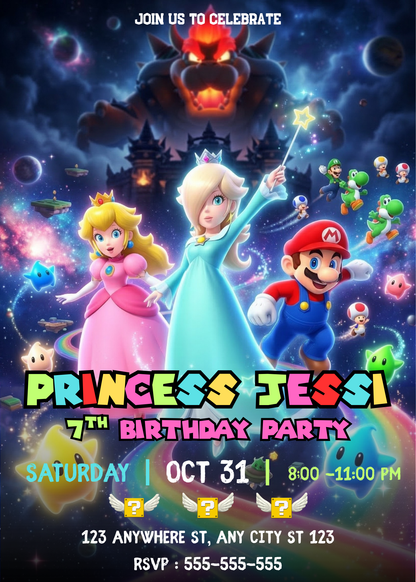 Editable Princess Rosalina Peach Mario Galaxy Birthday Invitation, Canva Template CreativeRino