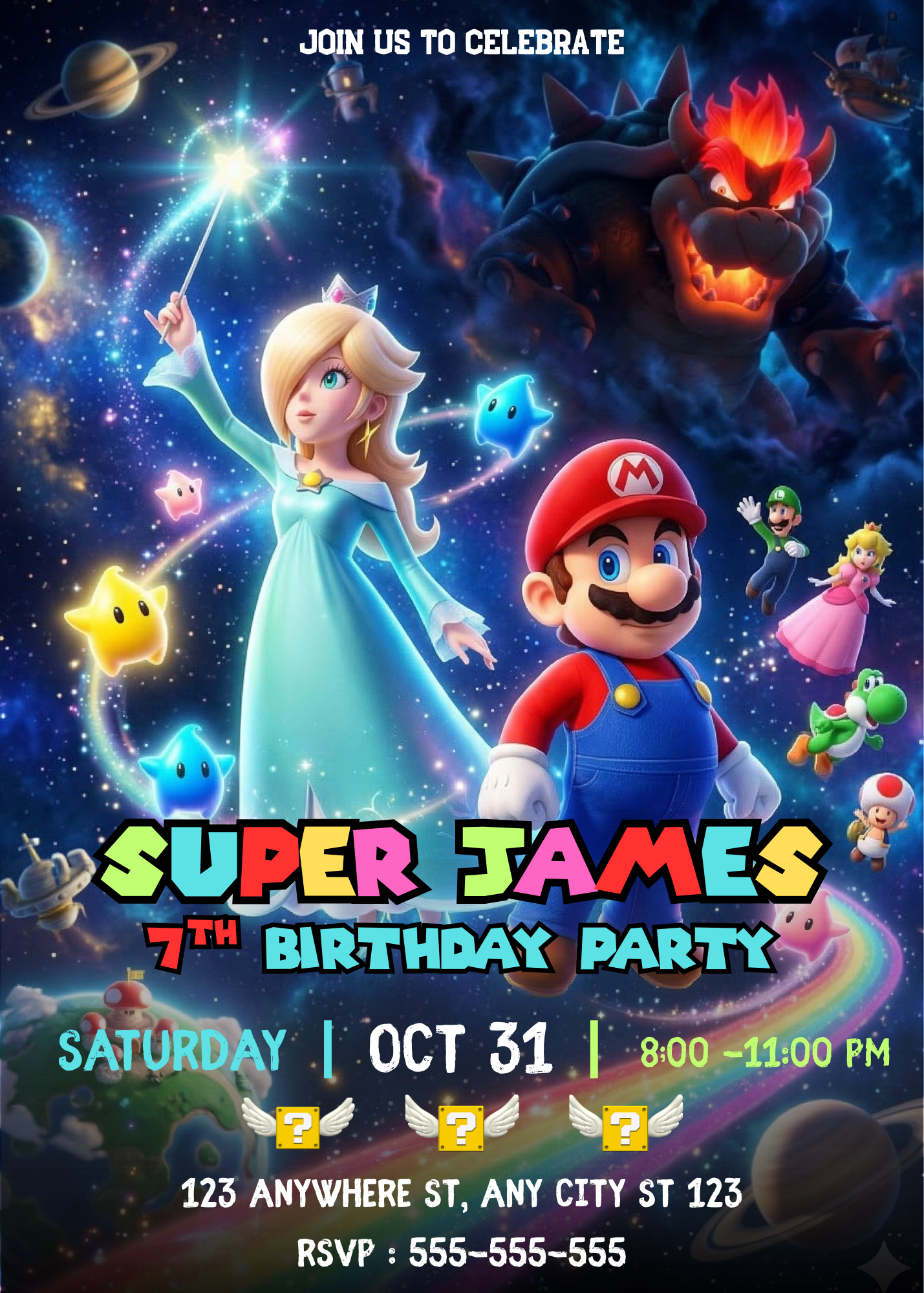 Princess Rosalina and Super Mario Galaxy Birthday Invitation, Editable Canva Template CreativeRino