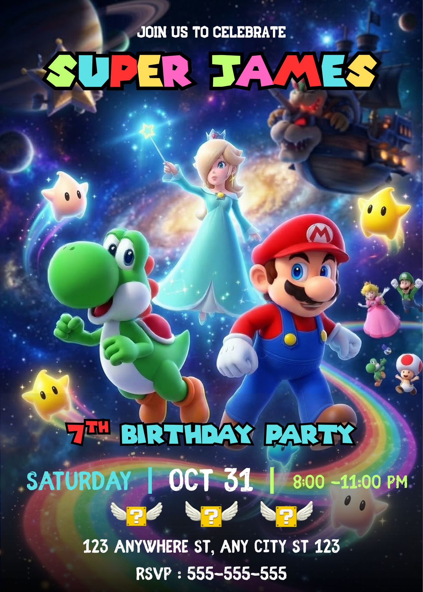 Yoshi Mario Galaxy Birthday Invitation, Editable Outer Space Party Invite Canva Template CreativeRino